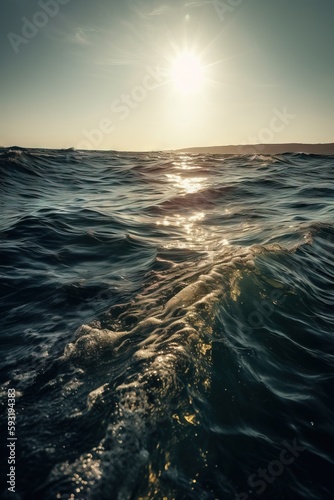  the sun shines brightly over the ocean as it reflects off the water.  generative ai