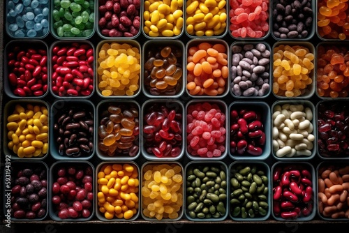  a box filled with lots of different types of candy beans. generative ai