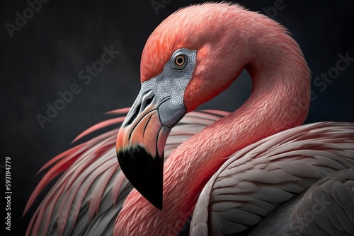 Extreme close-up of a flamingo's face and beak. Generative AI