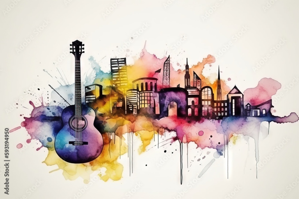  a guitar with a city in the background and watercolor splashs.  generative ai