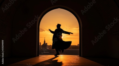 Black shadow silhoutte of man Whirling dervish under mosque door frame with sunset background, islamic background concept, eid al adha, ramadan kareem, eid mubarak. Generative ai photo