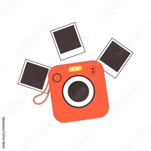 Retro camera, digital photo cam with blank snaphots. Photocamera, optical device of 2000s for moment photos. Flat vector illustration isolated on white background