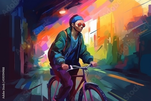  a man riding a bike down a street next to tall buildings.  generative ai
