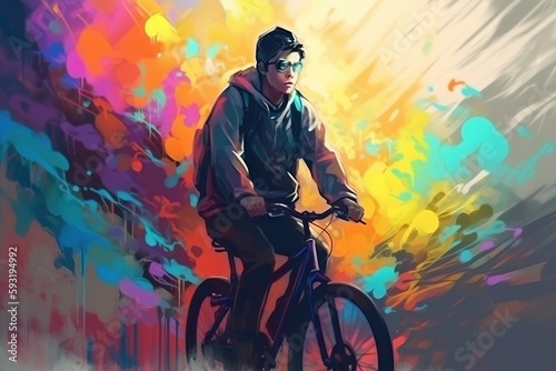  a painting of a man riding a bike in front of a colorful background.  generative ai