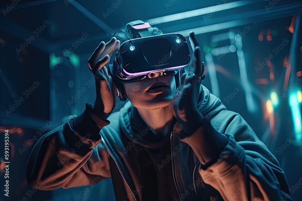 man inside virtual metaverse space, virtual gaming and augmented reality concept, illustration, created using of AI tool man inside virtual metaverse space, virtual gaming and augmented reality concept, illustration, created using of AI tool