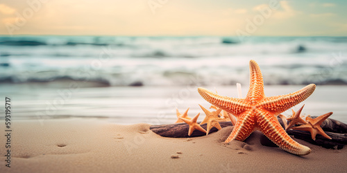 Sandy beach with collection of seashells and starfish as natural textured background for aesthetic summer design
