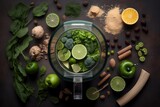 Top-Down View of Green Smoothie Ingredients in Blender. Vegan, Healthy Eating, and Diet. Generative AI