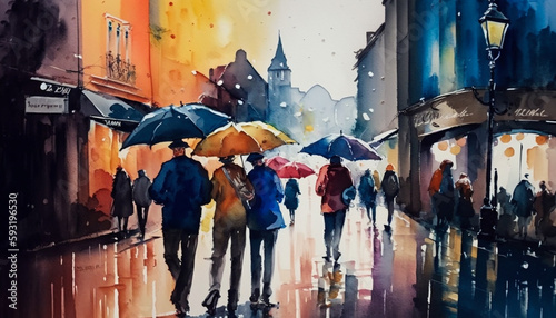 Watercolor painting of a cityscape. City with lots of poeople on rainy day. 