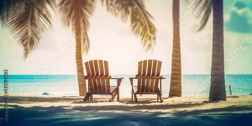 Two beach chair on beautiful tropical beach. Travel paradise concept. Generative AI