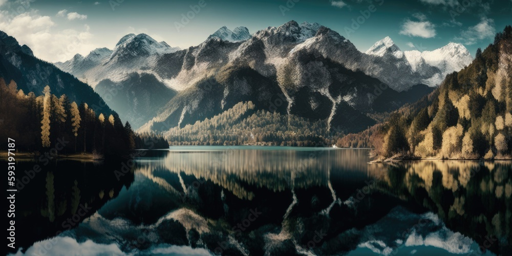 panoramic view of a lake and mountain. Generative AI