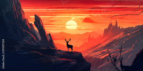 a deer on the cliff and a sunrise in the sky