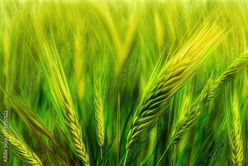 Green wheat ears ripen in the summer. Background of wheat. Rural landscape of wheat green field. Generative AI