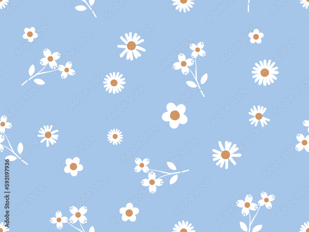 Seamless pattern with daisy flower on blue background vector illustration.