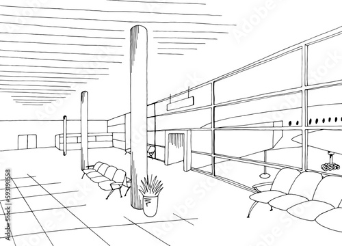 Airport interior gate graphic black white sketch illustration vector 