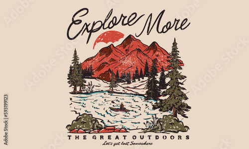 The great outdoors. Explore more print design. Outdoor at the mountain retro print design for t shirt and others. Mountain lake graphic artwork. 