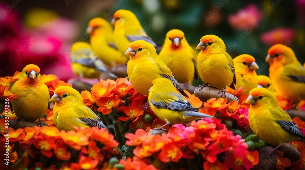 Colorful canaries in a blooming garden