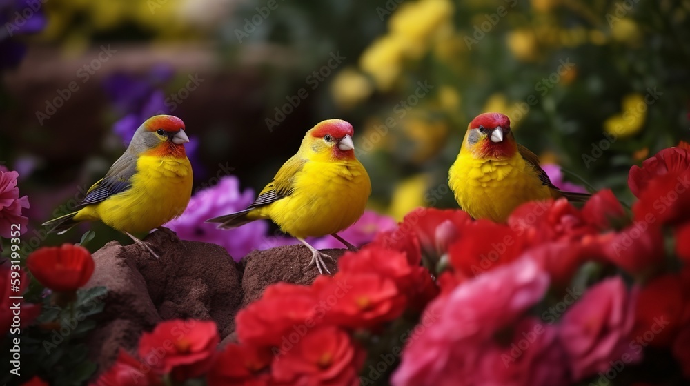 Obraz premium Colorful canaries in a blooming garden