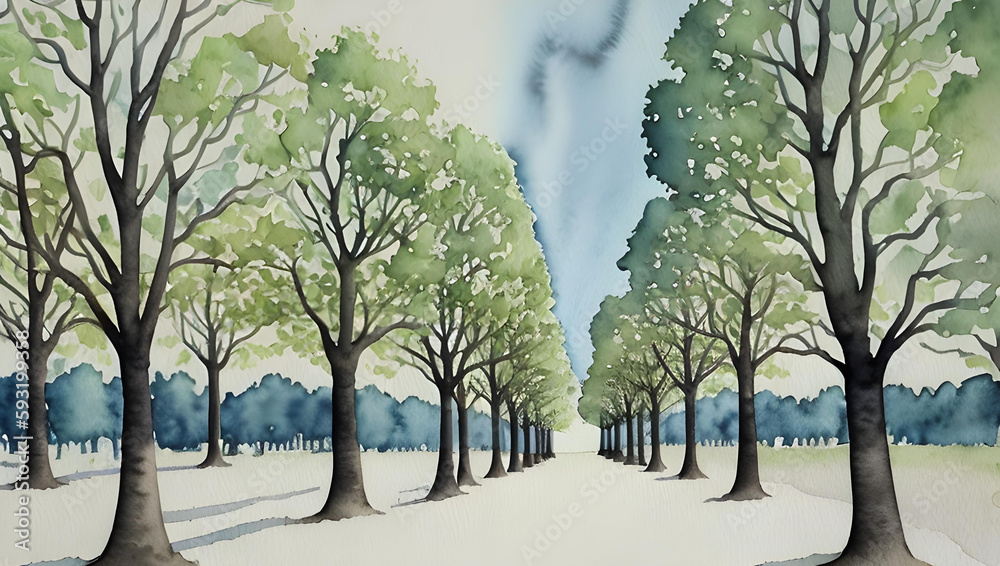 beautiful watercolor and ink painting of trees in a row - generative AI beautiful watercolor and ink painting of trees in a row - generative AI