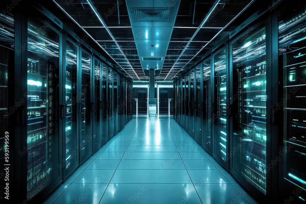 a computer data center that is contemporary and well-lit. Generative AI