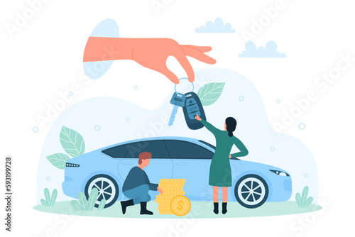 Buying or renting car vector illustration. Cartoon hand giving vehicle key with automatic keychain to tiny people to sell or rent, man holding stack of gold coins to buy car from dealer or owner