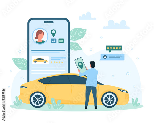 Rent car, service in mobile application vector illustration. Cartoon tiny person holding phone for remote vehicle rental or carsharing, man with smartphone connected to taxi app for city ride