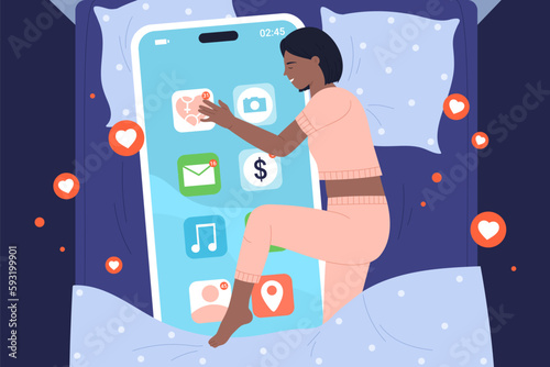 Cartoon dark skin female user lying with smartphone in bed at night, network addict person hugging cellphone with mobile apps icons. Happy sleep of girl in embrace with phone vector illustration.