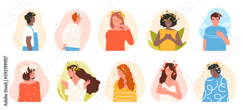 Happy positive thinking people set vector illustration. Cartoon isolated woman and man with creative thoughts, garden flowers and rainbow, mental health, acceptance and wellbeing symbols above head
