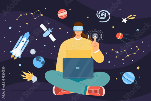 Space exploration in metaverse and immersive virtual reality experience vector illustration. Cartoon man in VR glasses sitting with laptop to work with futuristic hologram of starry sky and planets