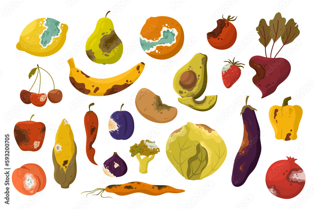 Rotten vegetables and fruit set vector illustration. Cartoon bad