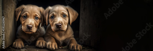 Cute brown Labrador puppies sit in row, pose looking at camera. Banner, Copy space. Generative AI. High quality illustration