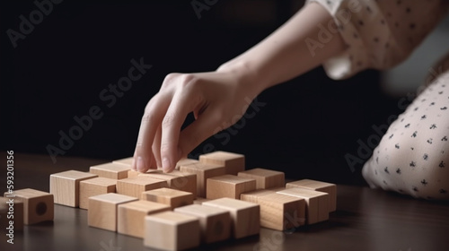 Hands of woman arranging wooden blocks stacking