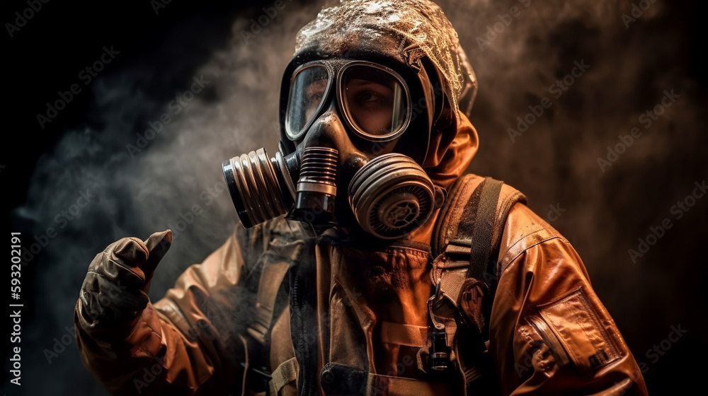Fireman in protective suit, helmet and gas mask extinguishing flame. Dark background with smoke and fire. Generative AI. High quality illustration Fireman in protective suit, helmet and gas mask extinguishing flame. Dark background with smoke and fire. Generative AI. High quality illustration