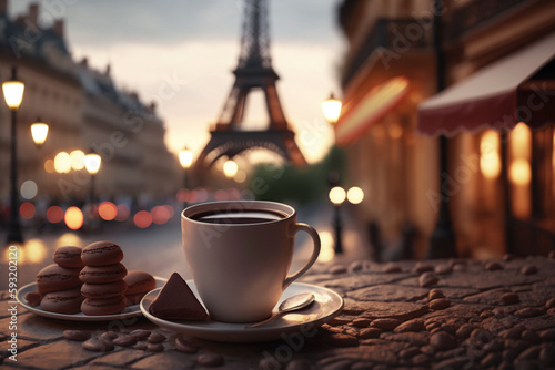 Delicious coffee on blurred background of Paris cozy street and Eiffel tower. Generative AI