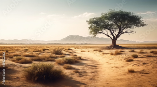 View of a desolate place in the desert with a green tree standing alone. Arid place. Generative AI