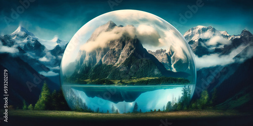 earth floating in water, with mountains and clouds