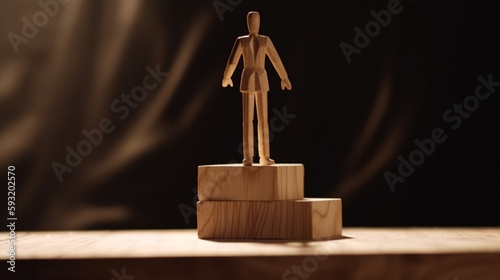 Wooden man standing on top of a wooden podium. Concept of leadership and success photo