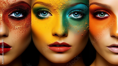 Collage of beautiful woman face with multicolor make up. Generated AI