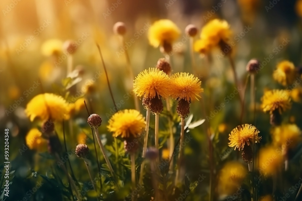 Fototapeta premium yellow dandelions in the field. Generative AI.