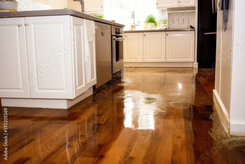 Closeup view of a waterlogged kitchen floor. Water damage to home. Furniture in water. High quality generative ai