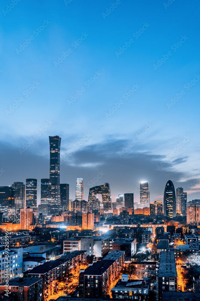 High angle view night view scenery of CBD buildings in Beijing, China