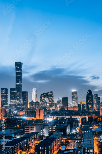 High angle view night view scenery of CBD buildings in Beijing, China