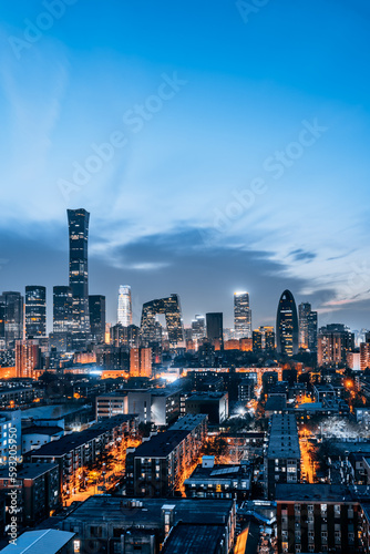 High angle view night view scenery of CBD buildings in Beijing, China