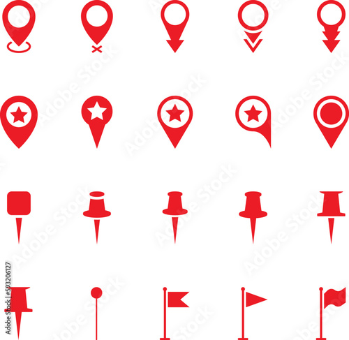 Location Pins Sign. Pointer Navigation Symbol. Flag Mark, Place Location Pictogram. Thumbtack Sign. GPS Tag. Marker Point on Map. Vector Illustration.