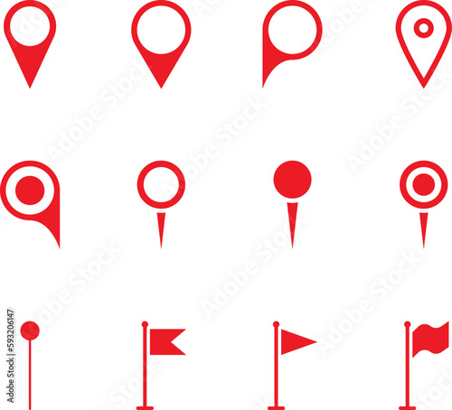 Location Pins Sign. Pointer Navigation Symbol. Flag Mark, Place Location Pictogram. Thumbtack Sign. GPS Tag. Marker Point on Map. Vector Illustration.