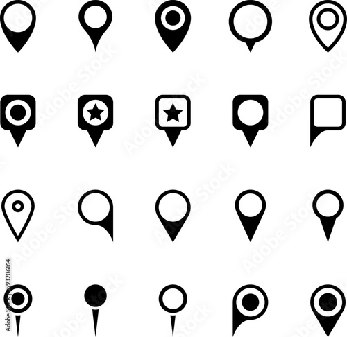 Location Pins Sign. Pointer Navigation Symbol. Flag Mark, Place Location Pictogram. Thumbtack Sign. GPS Tag. Marker Point on Map. Vector Illustration.