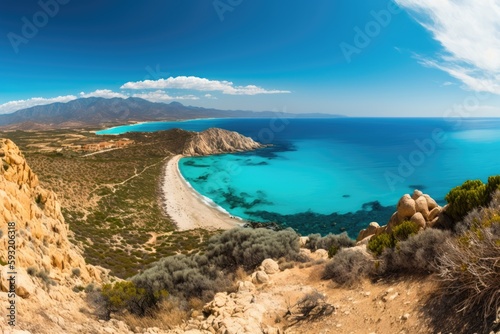 Panorama of beach and turquoise Mediterranean Sea with the Desert in the background. Generative AI
