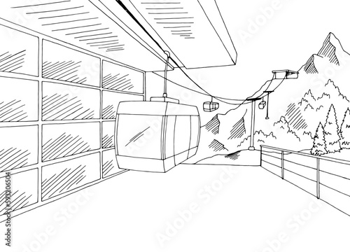Cable car station graphic mountain black white landscape sketch illustration vector