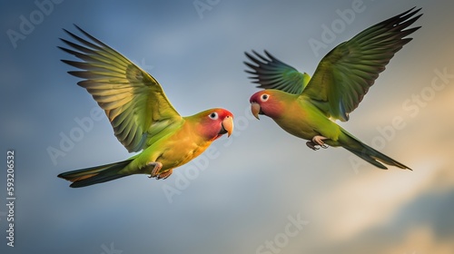 Lovebirds in Flight - Graceful birds with vibrant feathers soaring through the sky photo