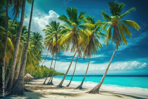 palm trees on a tropical beach in the Caribbean. The Dominican Republic's Saona Island. vacation history of travel. Generative AI