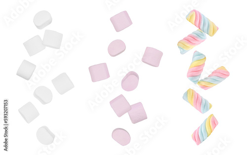Colorful marshmallows candy falling in the air isolated on transparent background. PNG photo